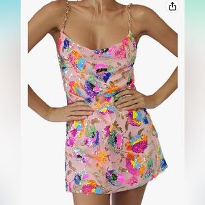Sparkly Sequin Backless Low-Cut Floral Spaghetti Strap Mini Dress
